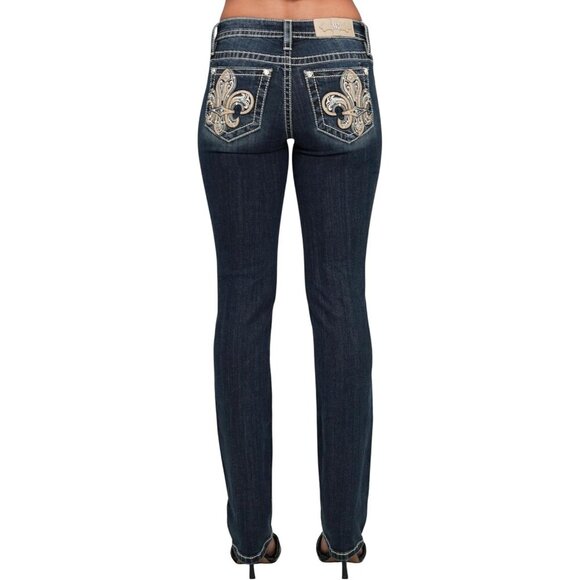 Women's Leather Fleur de Lis Embellished Straight Leg Jeans Mid-Rise